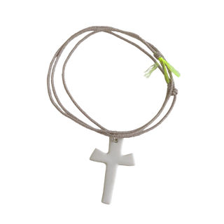 Collier bracelet Triplette - Croix blanche - Beige irisé - Version Mini